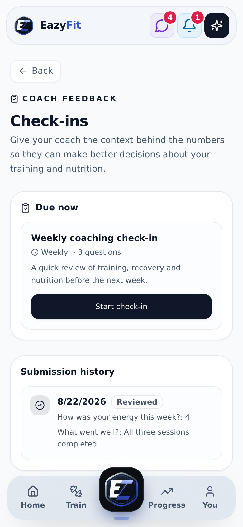 Check-ins screen in EazyFit