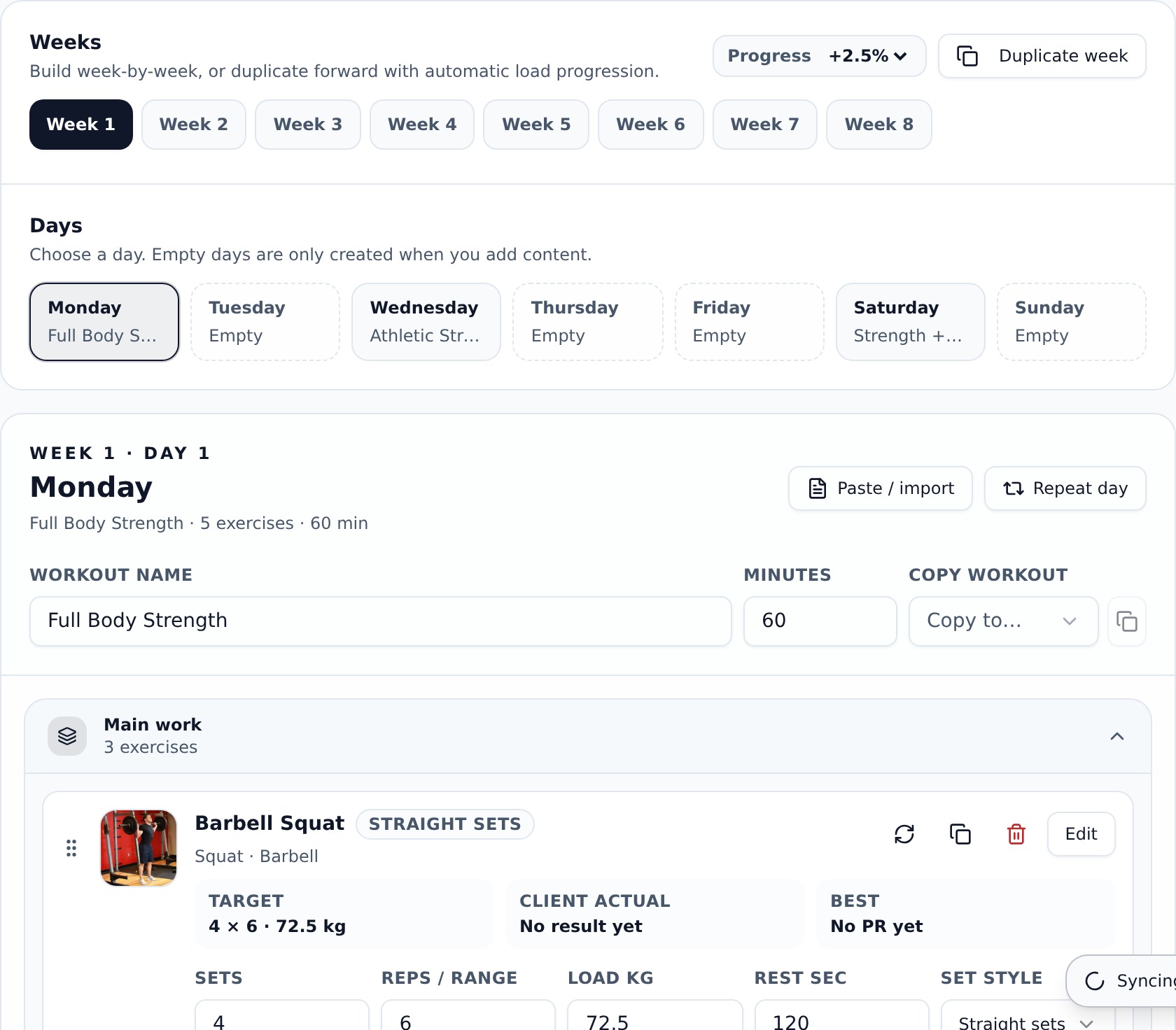 Smart programme builder screen in EazyFit