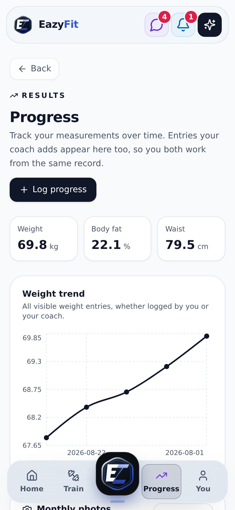 Progress & coaching history screen in EazyFit